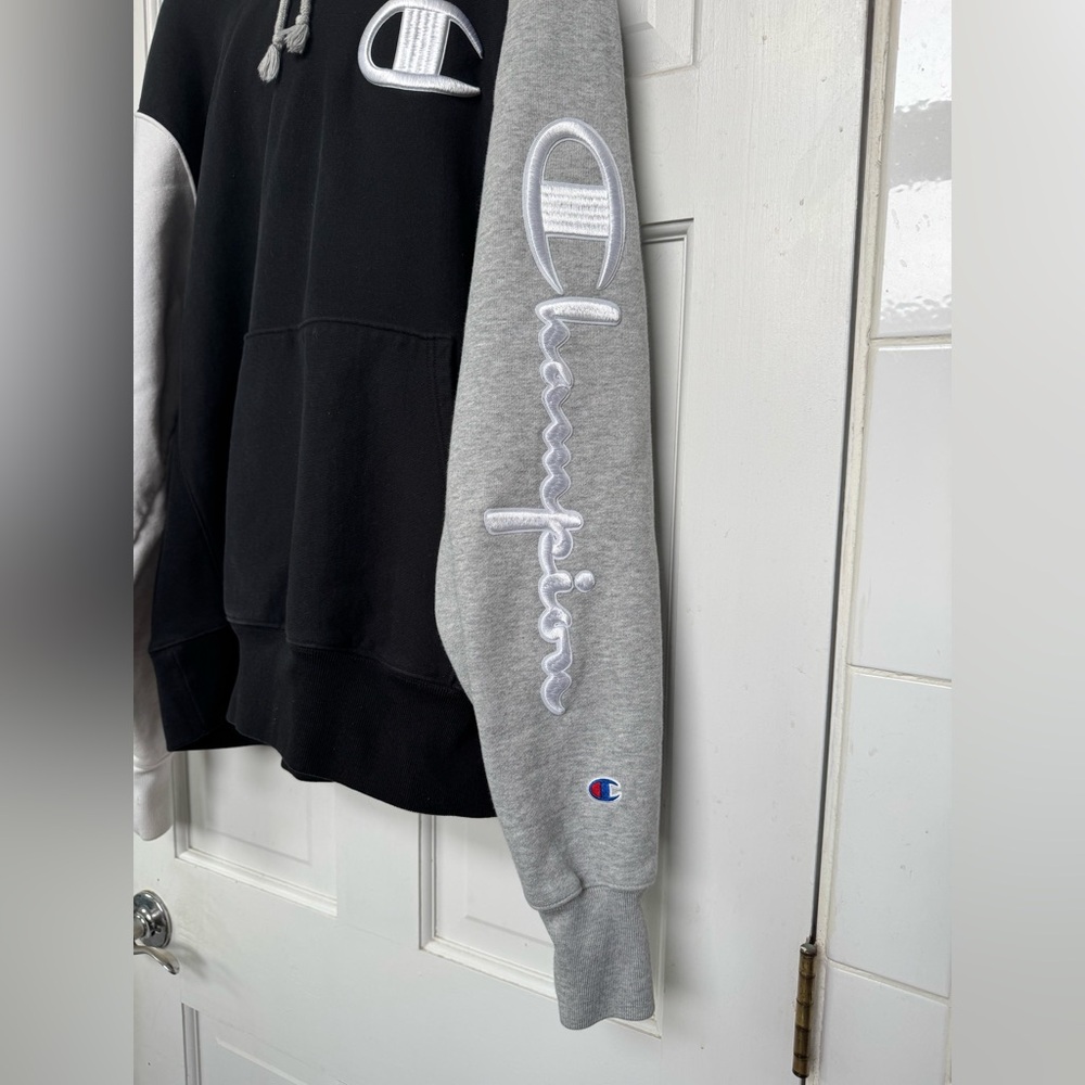Champion Men's Reverse Weave Colorblock Black, Gray and White Hoodie. - Picture 3 of 12